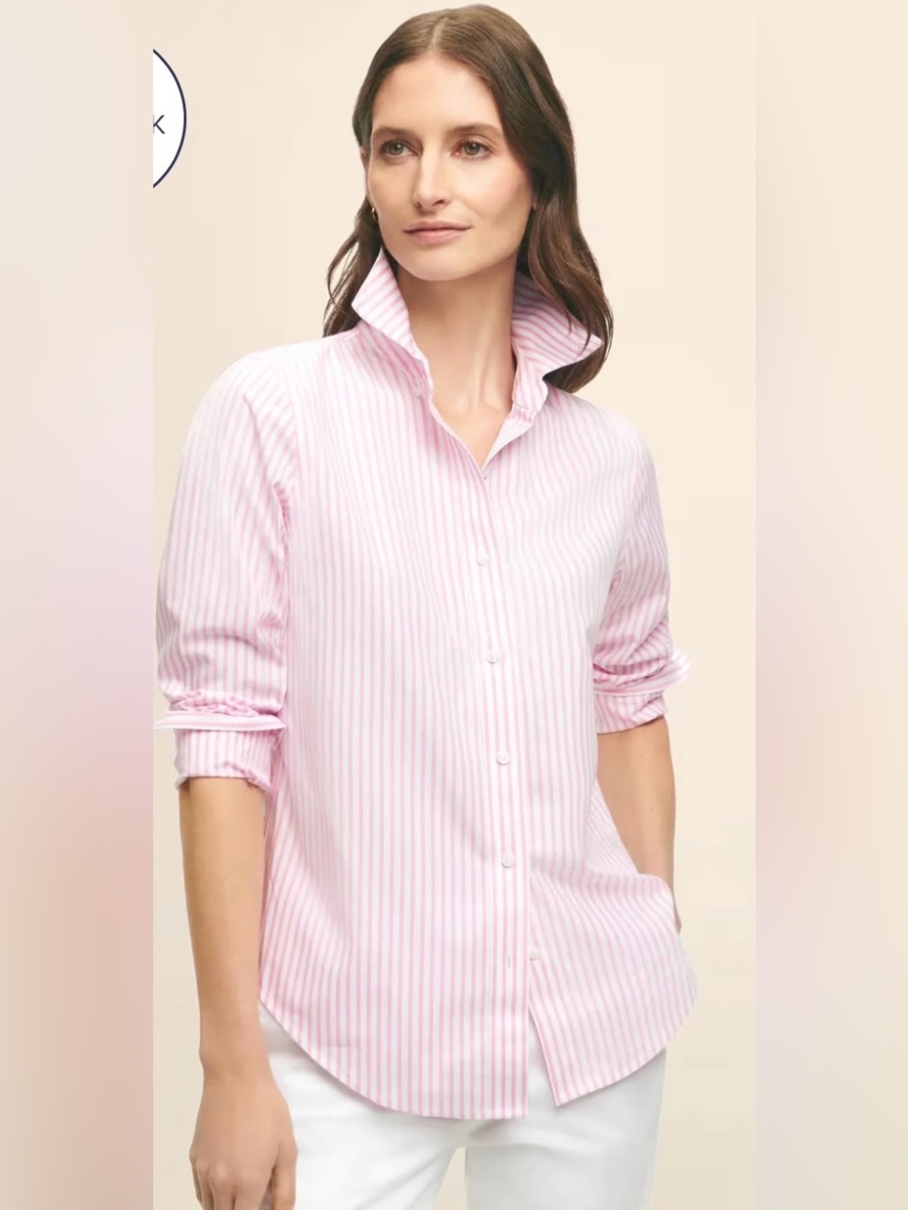 Brooks Brothers Women's Classic White With Pink Stripe Button-Down Fitted Top 4